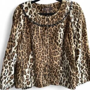 Victor Alfaro Faux Fur Leopard Light Jacket Gem Beaded Collar Long Sleeves 20W